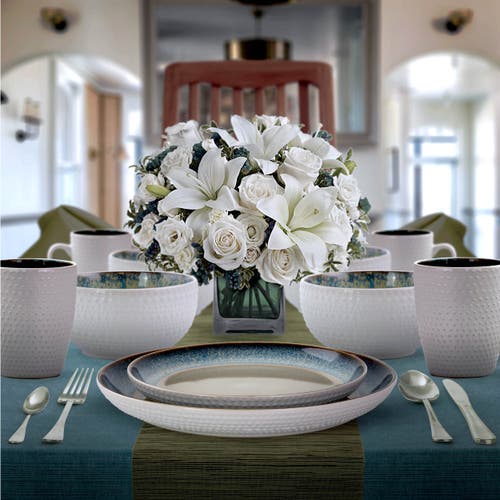 Elama Modern Dot 16 Piece Luxurious Stoneware Dinnerware With Complete Setting For 4 In Multi