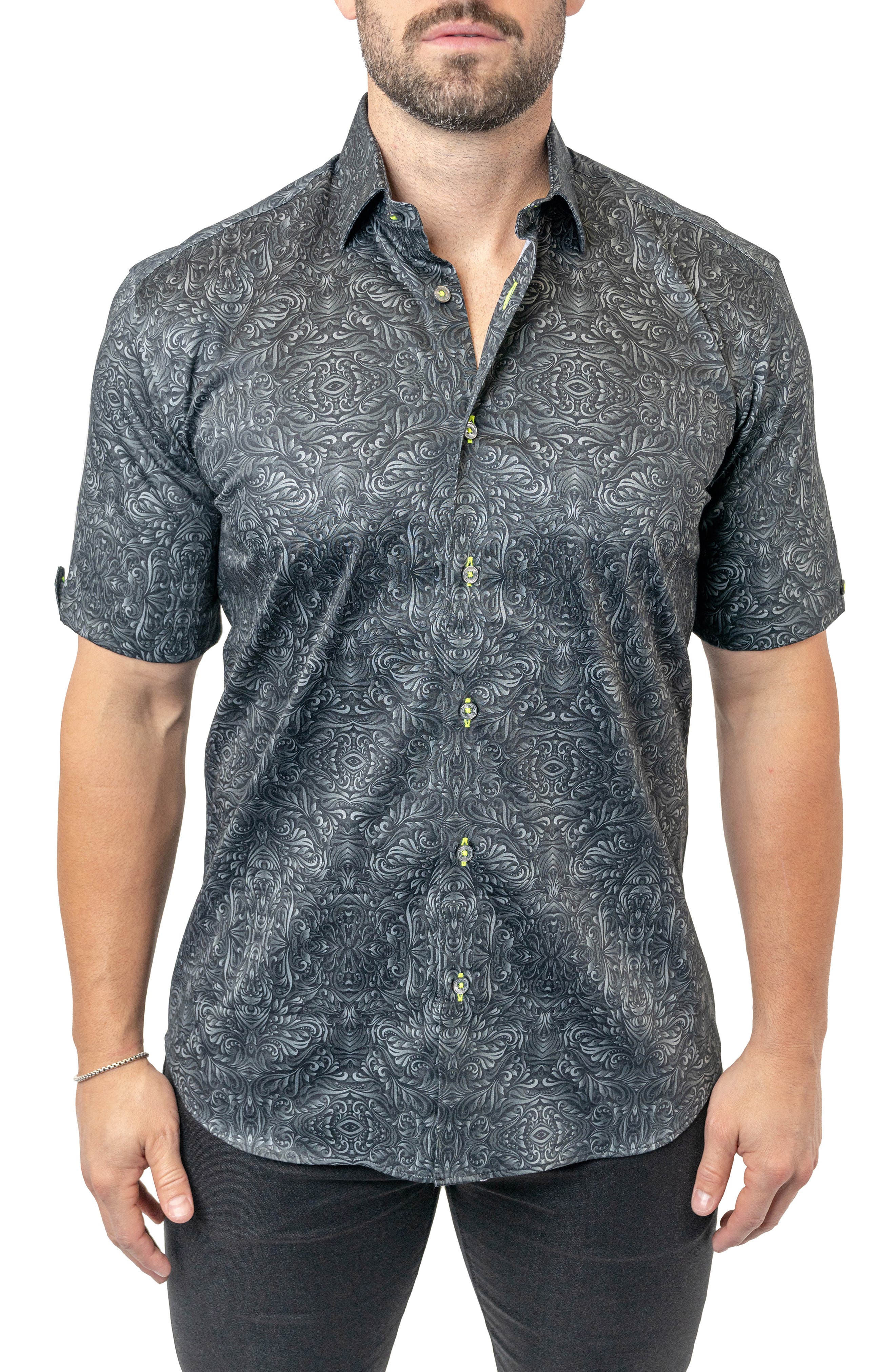 Maceoo Galileo Stretchaztec Black Short Sleeve Performance Button-Up Shirt