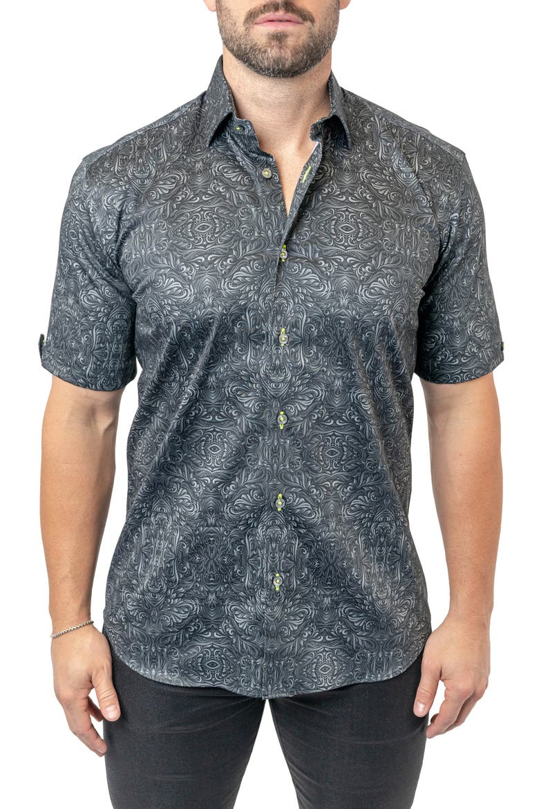 Galileo Stretchaztec Black Short Sleeve Performance Button-Up Shirt, Main, color, BLACK