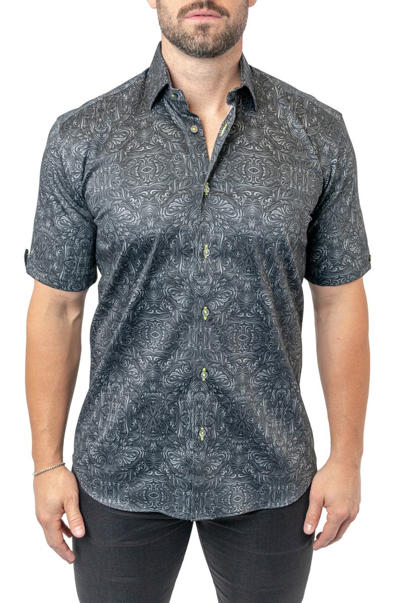 Maceoo Galileo Stretchaztec Black Short Sleeve Performance Button-Up Shirt, Main, color, Black