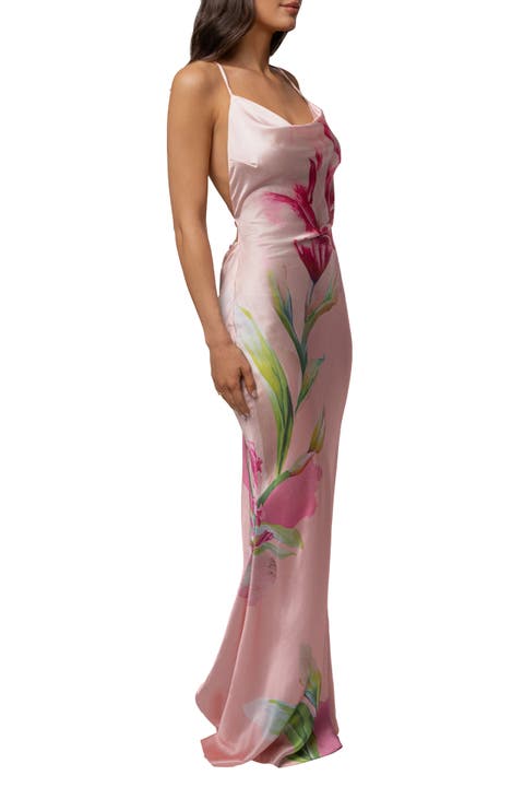Satin Floral Print Maxi Dress