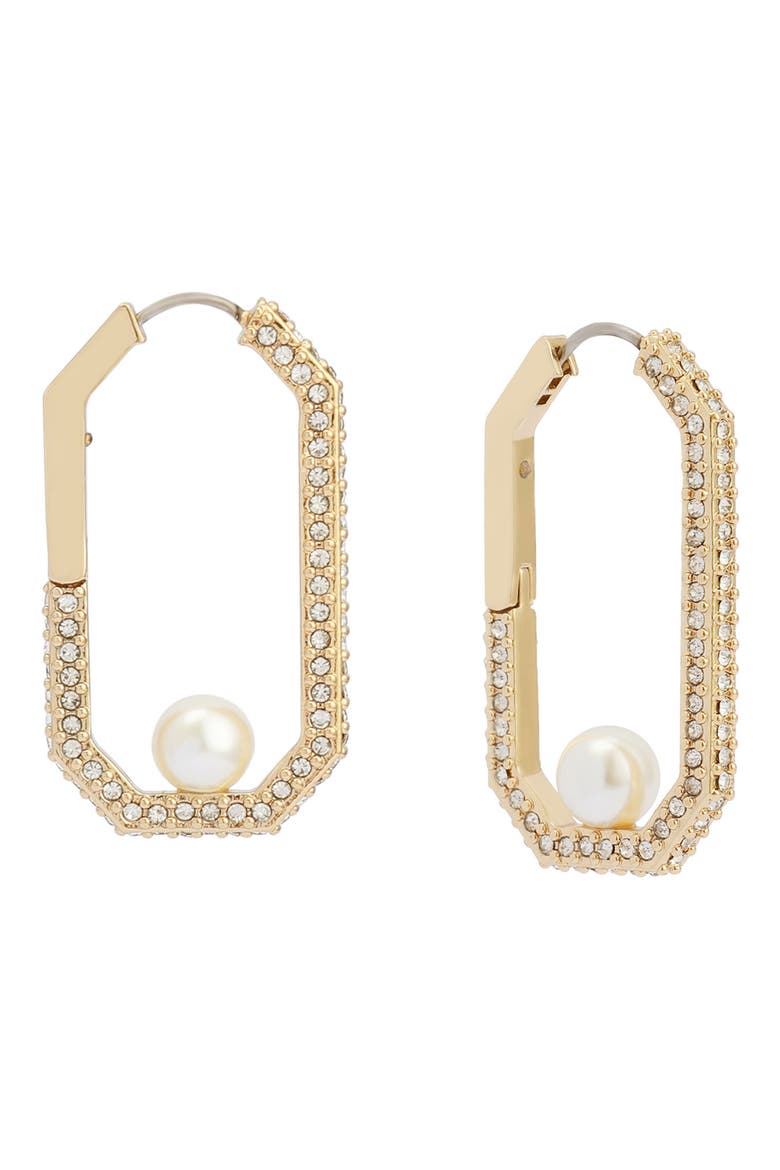 Pavé & Faux Pearl Hexagonal Hoop Earrings, Alternate, color, PEARL/ GOLD