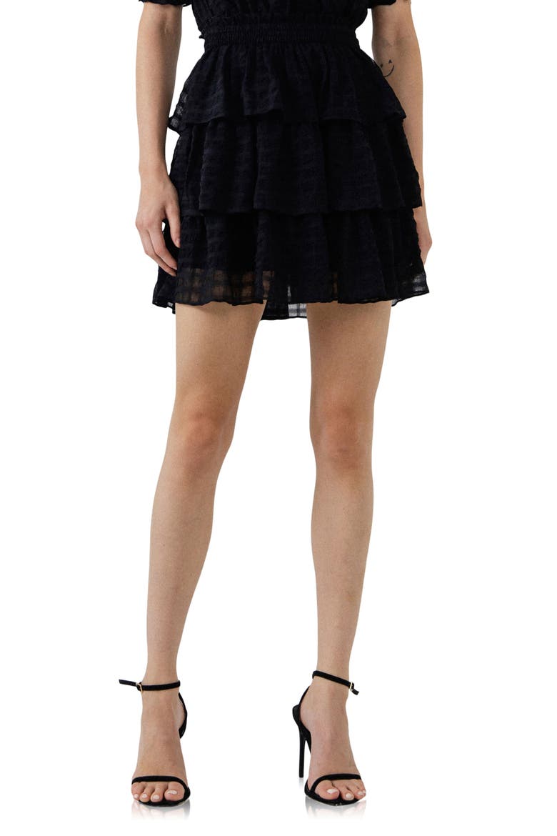 Gingham Tiered Chiffon Miniskirt, Main, color, BLACK
