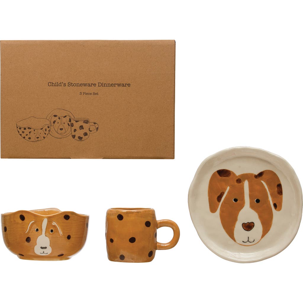 Storied Home Child's Stoneware Dinnerware With Painted Dogs, Boxed Set Of 3 Pieces In Brown