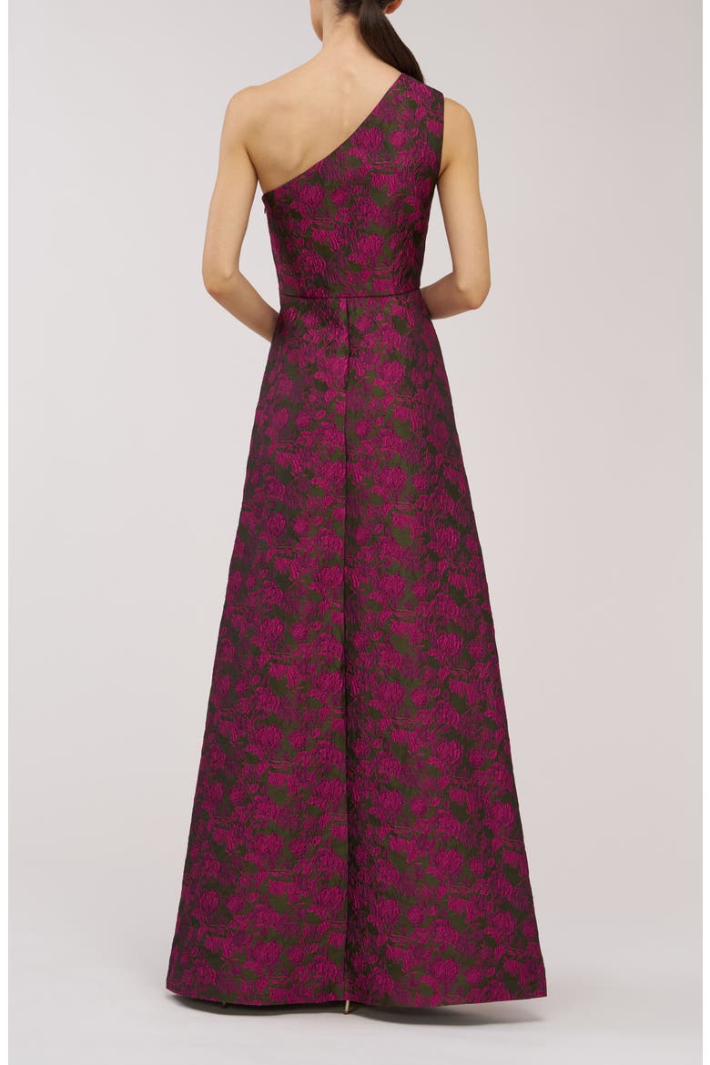 Ashley Metallic Floral Jacquard One-Shoulder Gown, Alternate, color, WILD BERRY/ PESTO