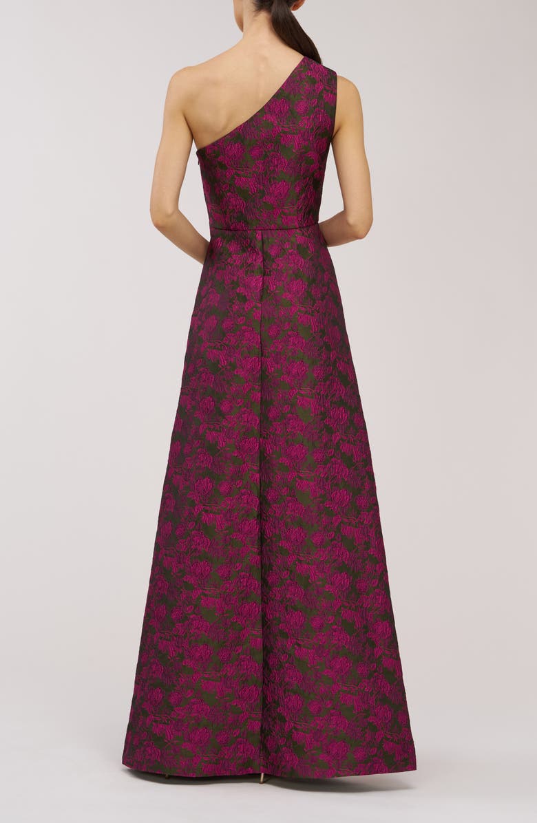 Kay Unger Ashley Metallic Floral Jacquard One-Shoulder Gown, Alternate, color, Wild Berry/ Pesto