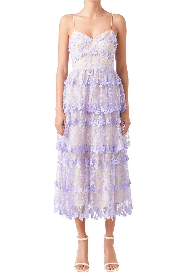 Floral Embroidered Tiered Lace Midi Dress, Alternate, color, LILAC