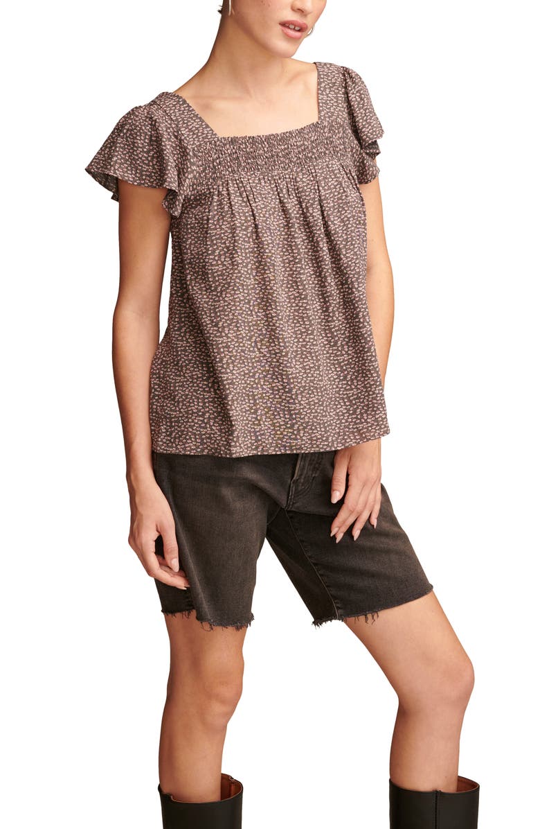 Lucky Brand Smocked Flutter Sleeve Garment Dyed Wash Top, Alternate, color, 