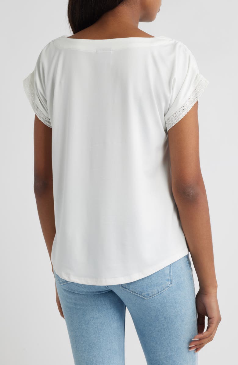 Bobeau Embroidered Eyelet Trim Short Sleeve Top, Alternate, color, White