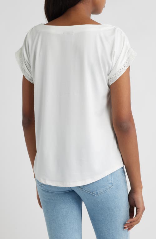 Bobeau Embroidered Eyelet Trim Short Sleeve Top In White