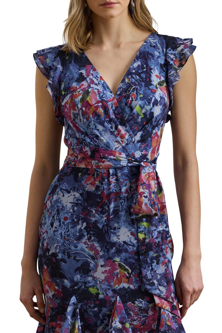 Abstract Floral Ruffle Detail Crinkle Georgette Gown, Alternate, color, BLUE MULTI