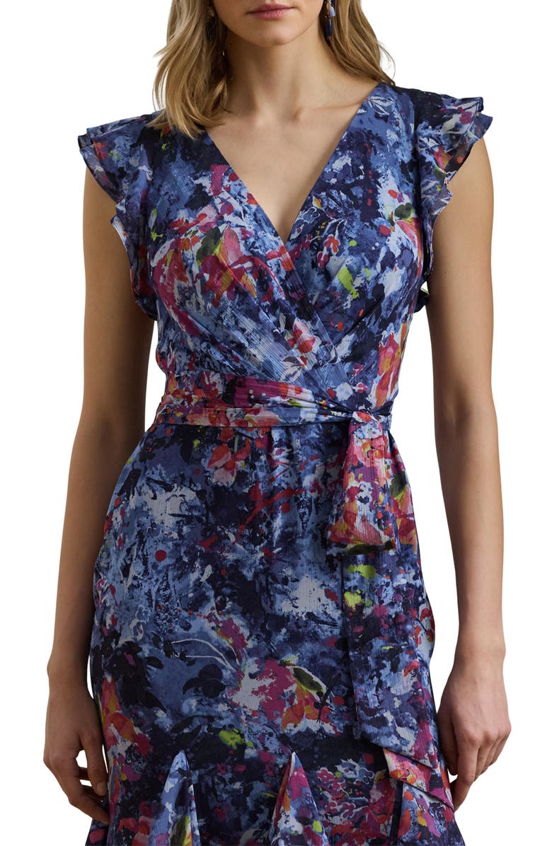 Lauren Ralph Lauren Abstract Floral Ruffle Detail Crinkle Georgette Gown, Alternate, color,