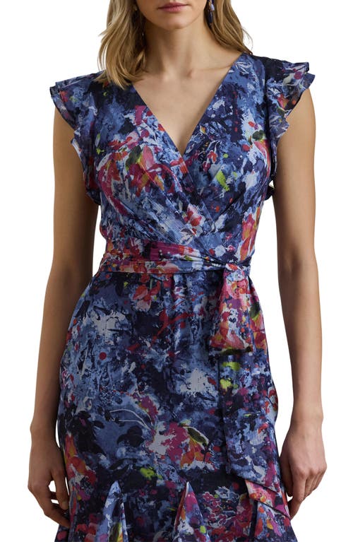 Ralph Lauren Print Ruffle-trim Crinkle Georgette Gown In Blue