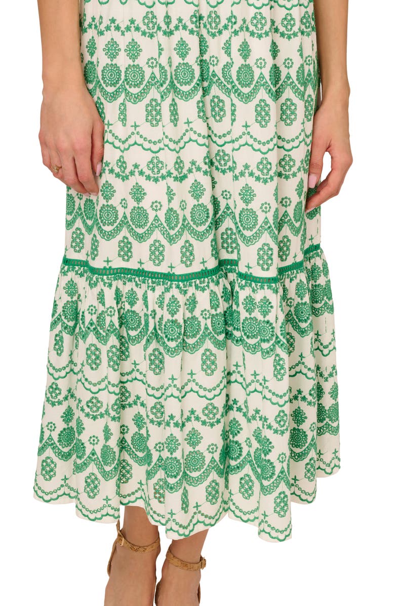 Adrianna Papell Embroidered Cotton Eyelet Midi Sundress, Alternate, color, Green/ Ivory