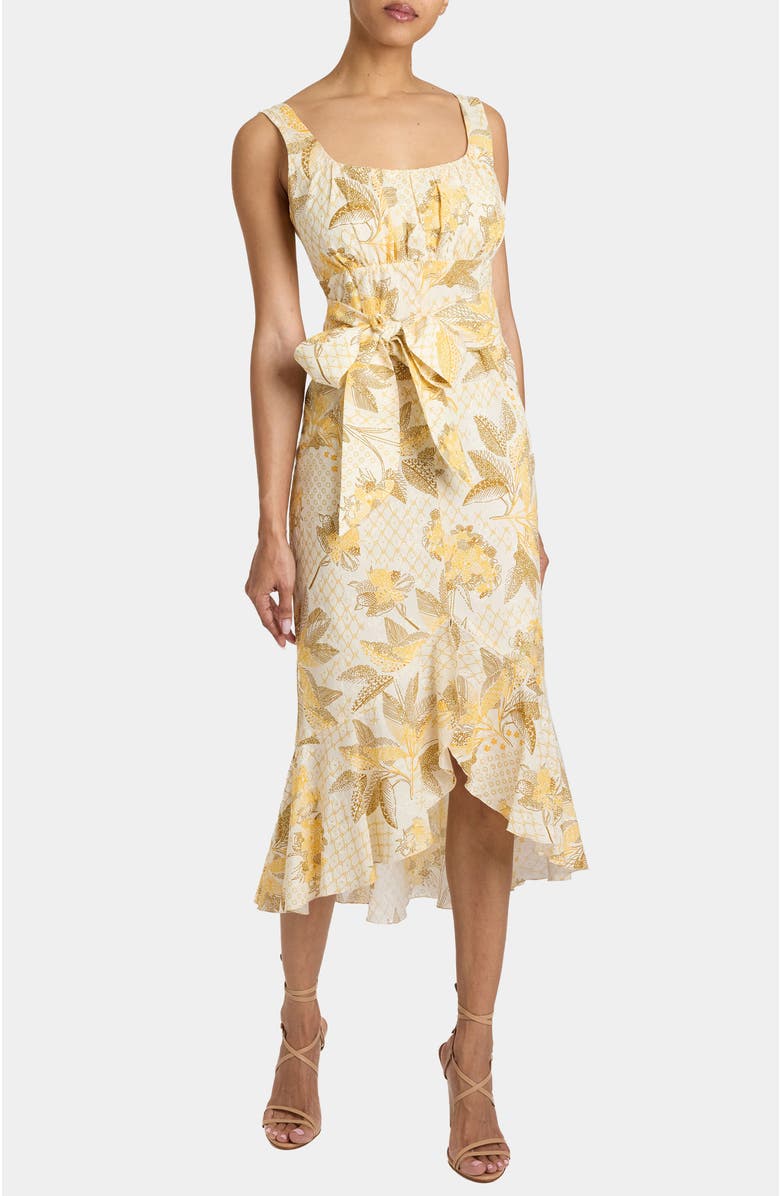Santorelli RINA Sleeveless Hi Lo Dress in Floral Cotton Cloque, Alternate, color, Chamomile