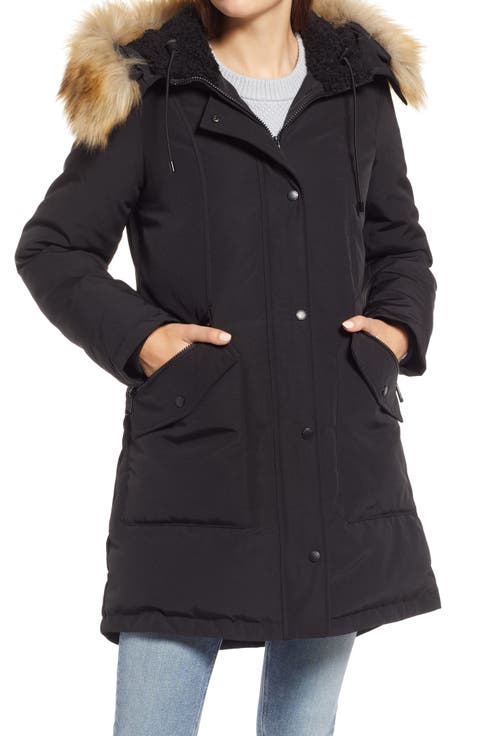 Hooded Down & Feather Fill Parka with Faux Fur Trim