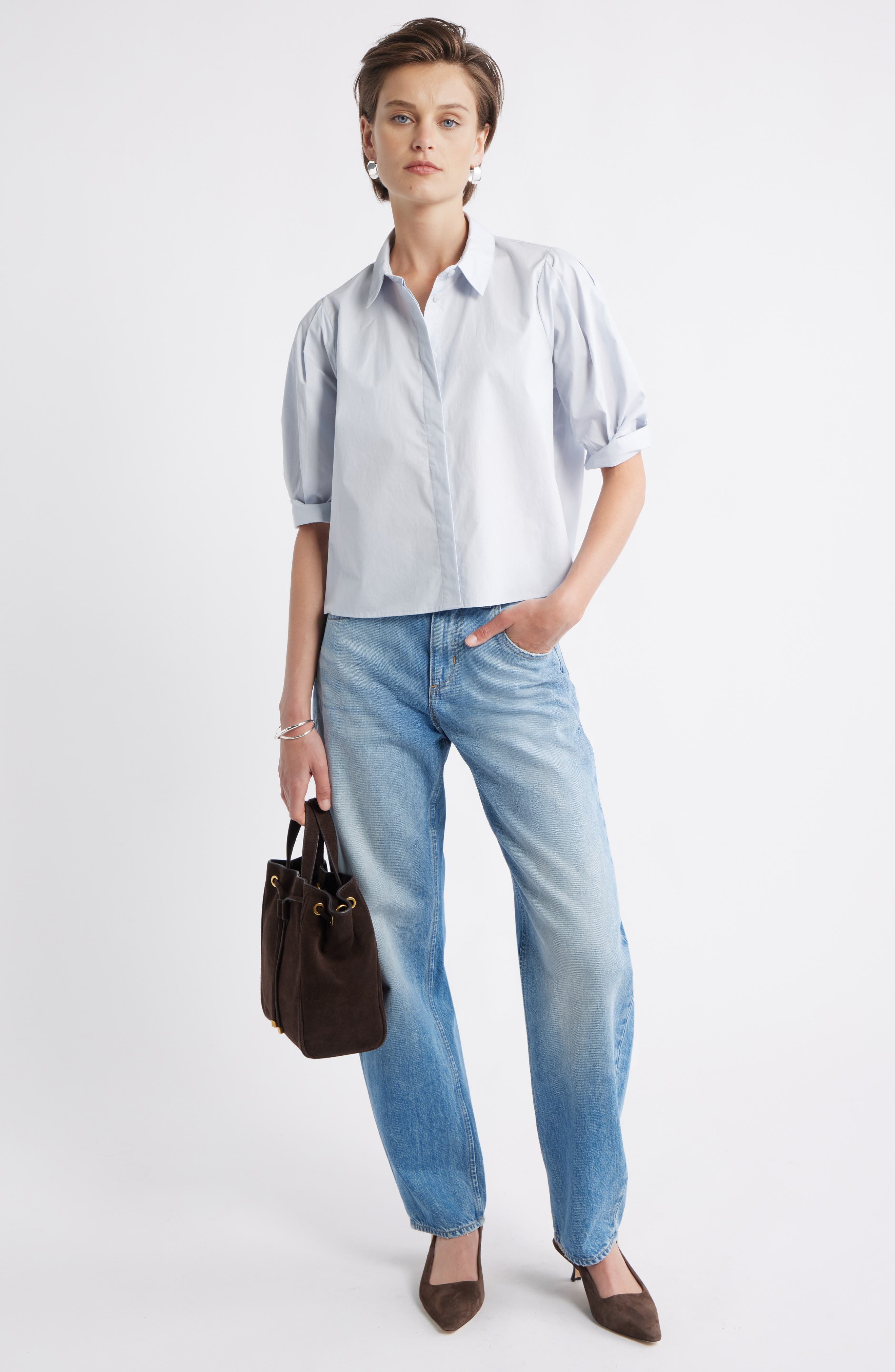 Crop Puff Sleeve Cotton Button-Up Shirt - image 2