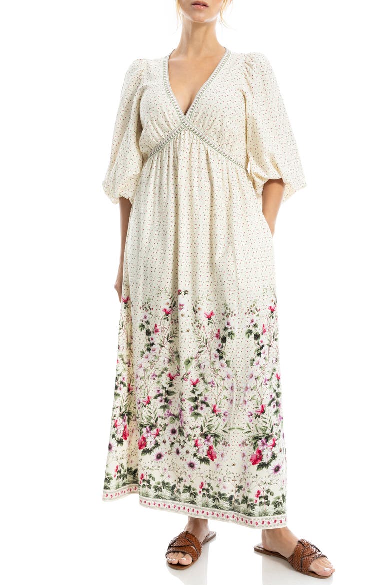Puff Sleeve Plunge Neck Midi Dress, Alternate, color, CREAM/ PINK WILD MEADOWS