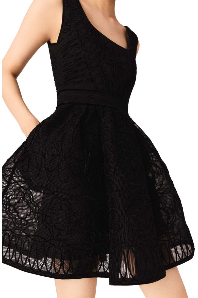Short embroidered basket knit dress, Alternate, color, Black