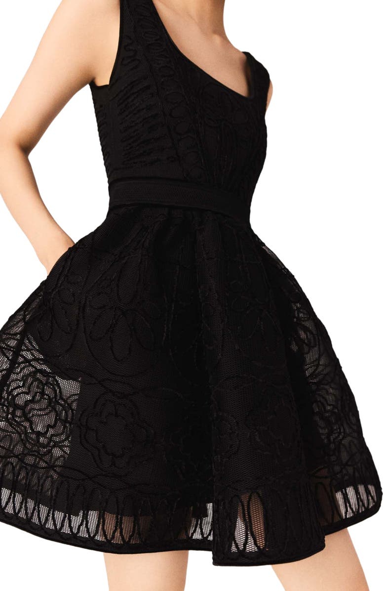 maje Short embroidered basket knit dress, Alternate, color, Black