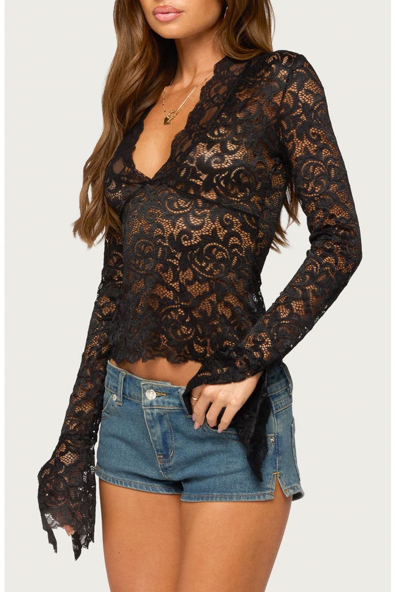 Sheer Lace Bell Sleeve Crop Top, Alternate, color, BLACK