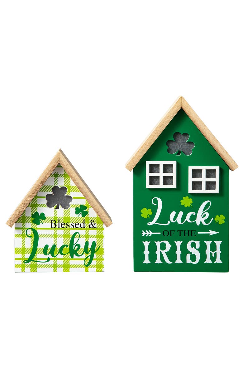 Glitzhome Set of 2 Lighted St. Patrick's Wooden House-shaped Table Decor, Main, color, Green