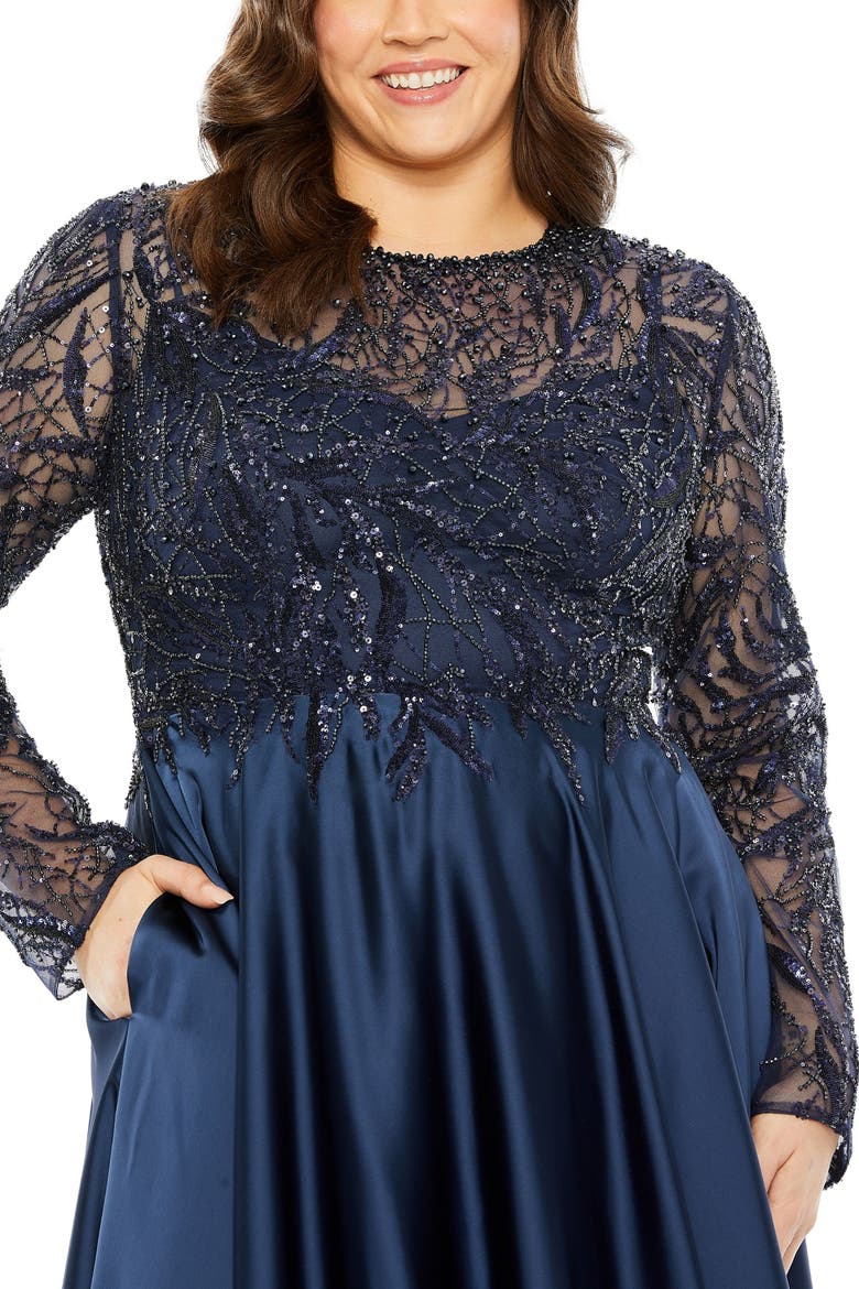 Sheer Long Sleeve Beaded Top Satin Gown, Alternate, color, Midnight