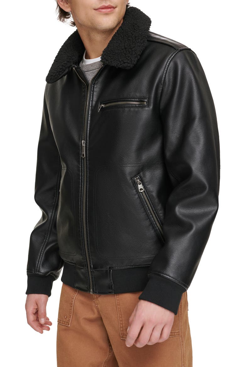 Faux Leather & Faux Shearling Bomber Jacket, Alternate, color, BLACK