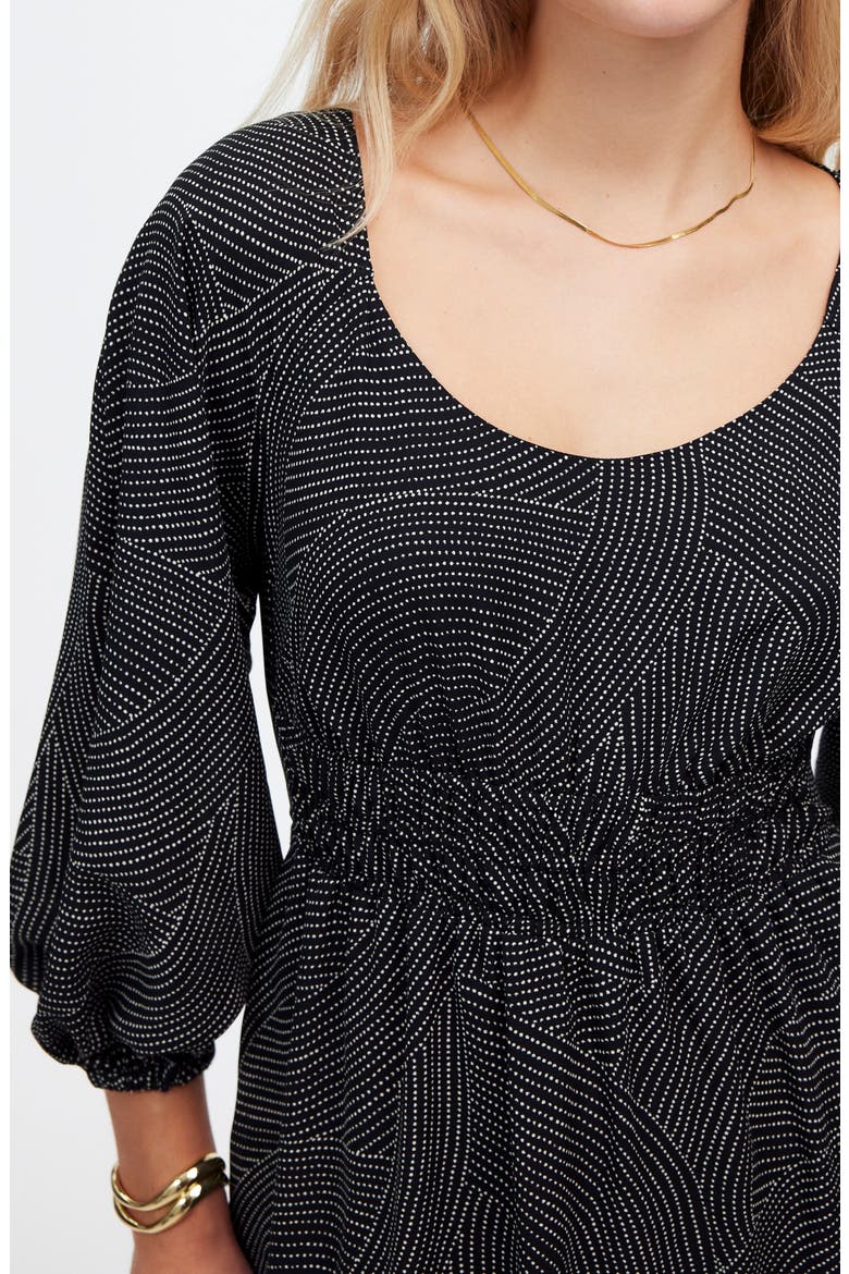 Geo Dot Print Balloon Sleeve Georgette Midi Dress, Alternate, color, PINDOT ARCHES TRUE BLACK