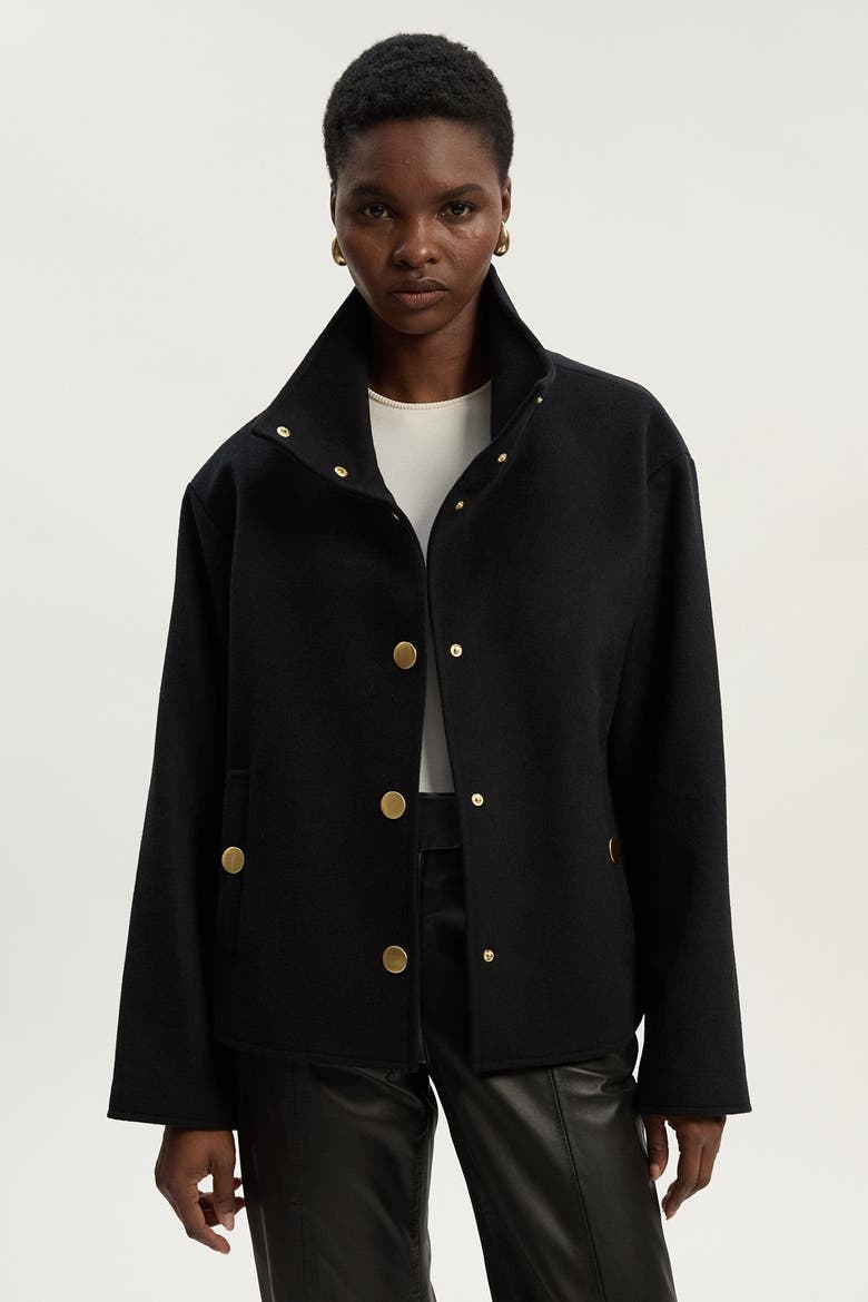 Brushed Wool Funnel Neck Tailored Coat, Main, color, Black