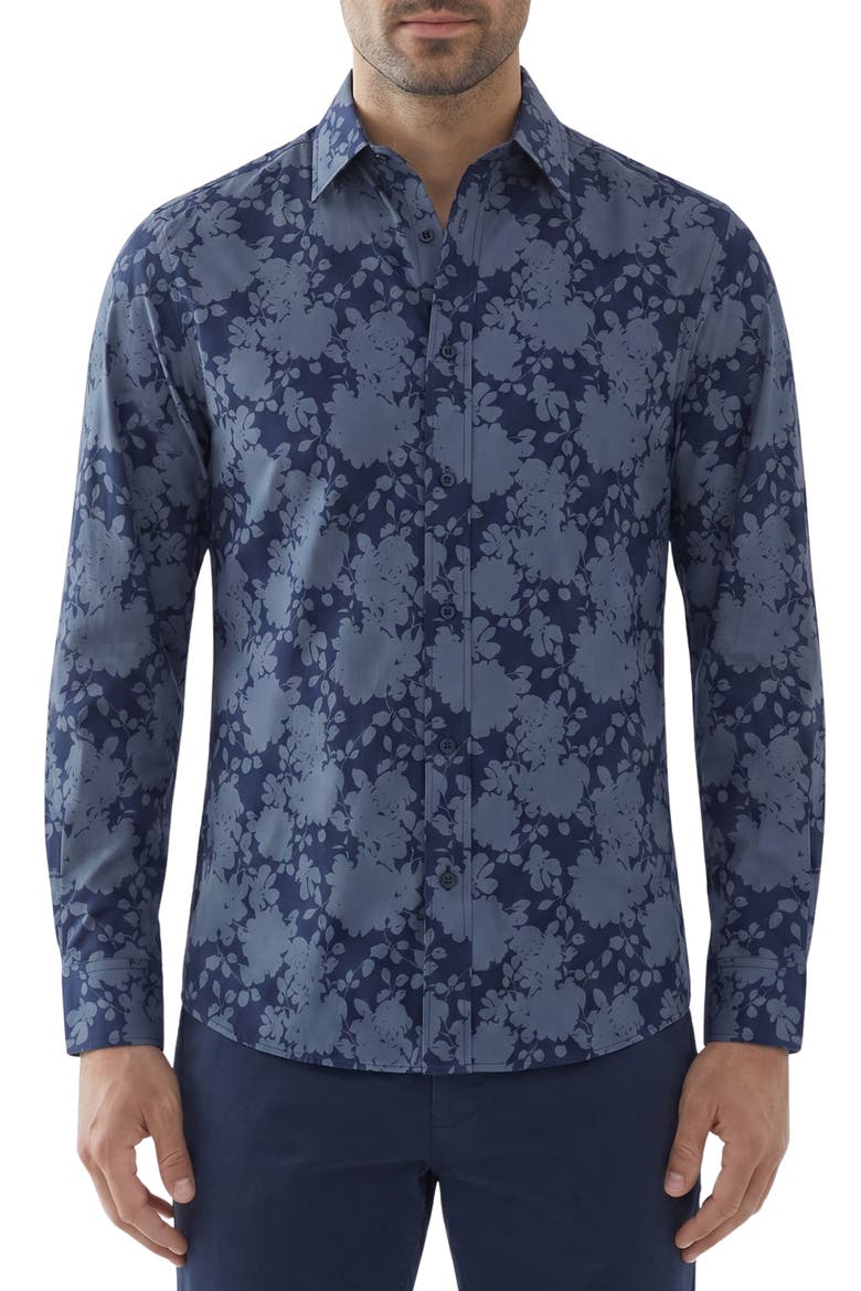 Floral Print Stretch Long Sleeve Button Up Shirt, Main, color, 41 NAVY