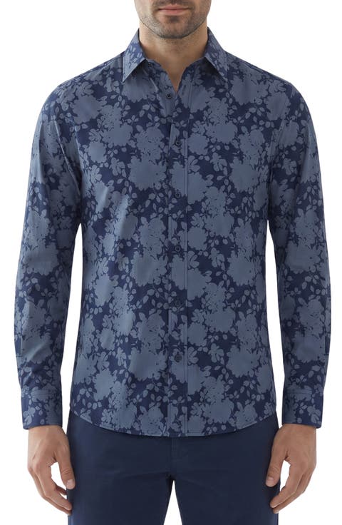 Floral Print Stretch Long Sleeve Button Up Shirt