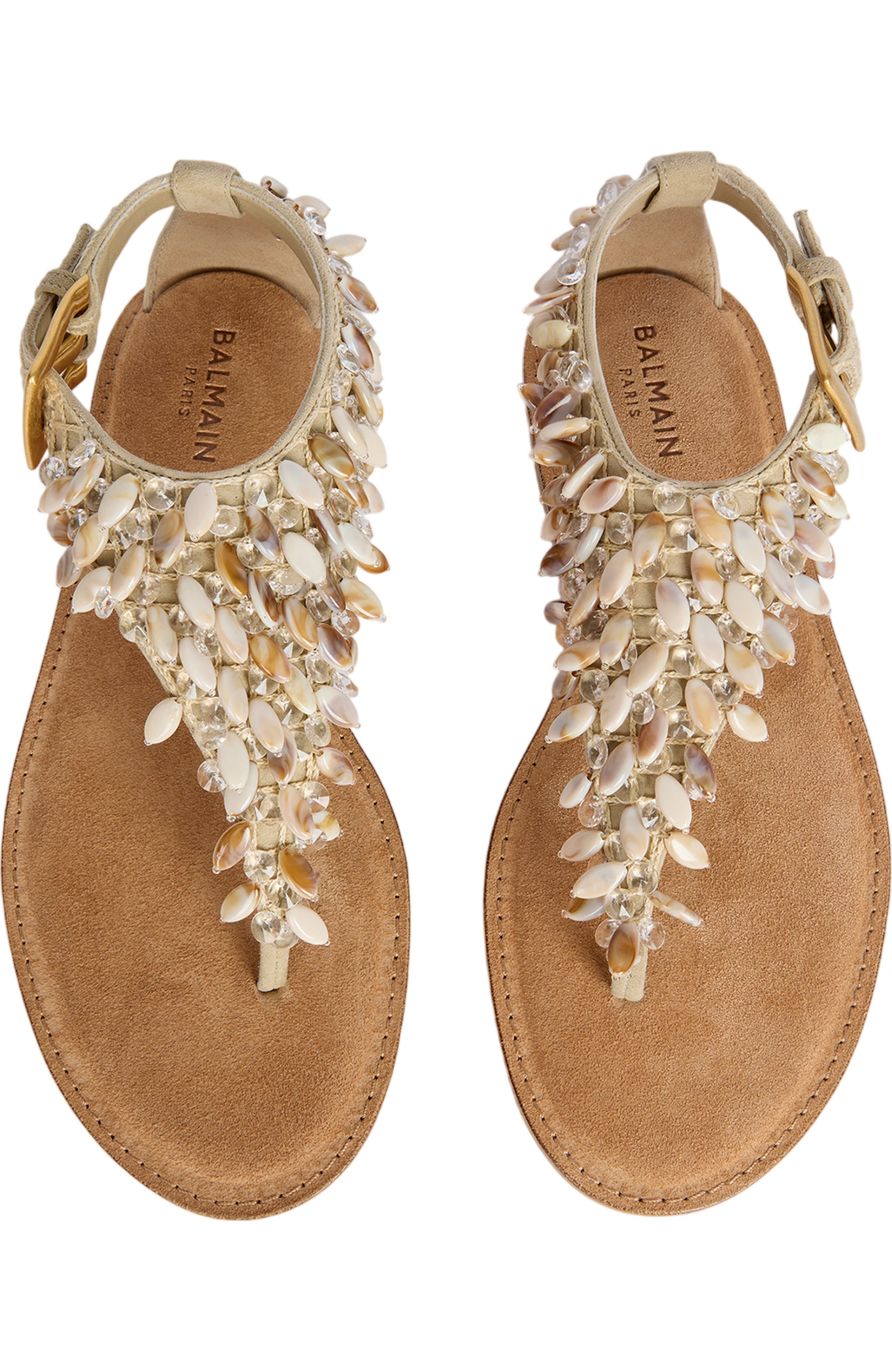 Balmain Flat sandals in suede, cotton and beads, Alternate, color, Beige