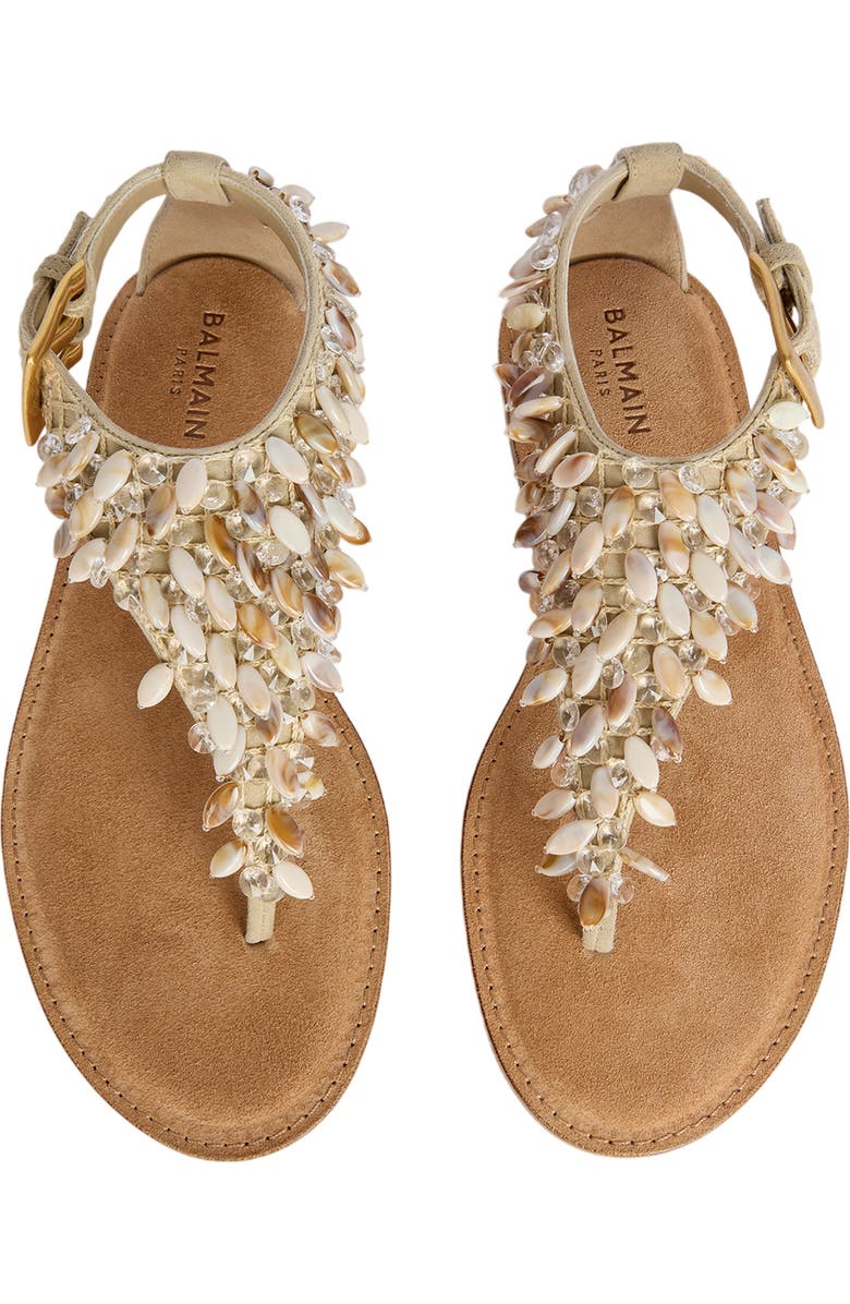 Balmain Flat sandals in suede, cotton and beads, Alternate, color, Beige
