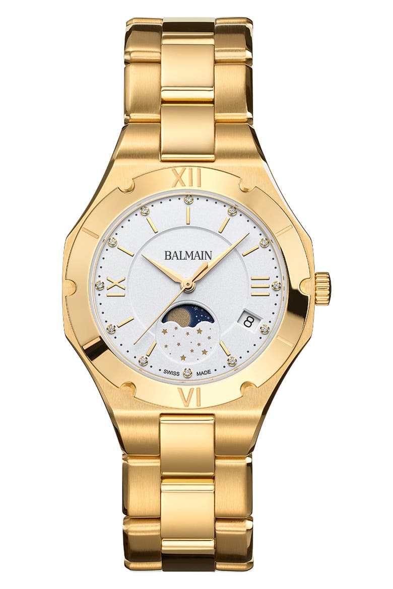 Be Balmain Diamond Moon Phase Bracelet Watch, 33mm, Main, color, YELLOW GOLD PVD COATING