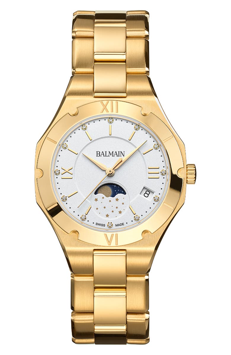 BALMAIN WATCHES Be Balmain Diamond Moon Phase Bracelet Watch, 33mm, Main, color, Yellow Gold Pvd Coating