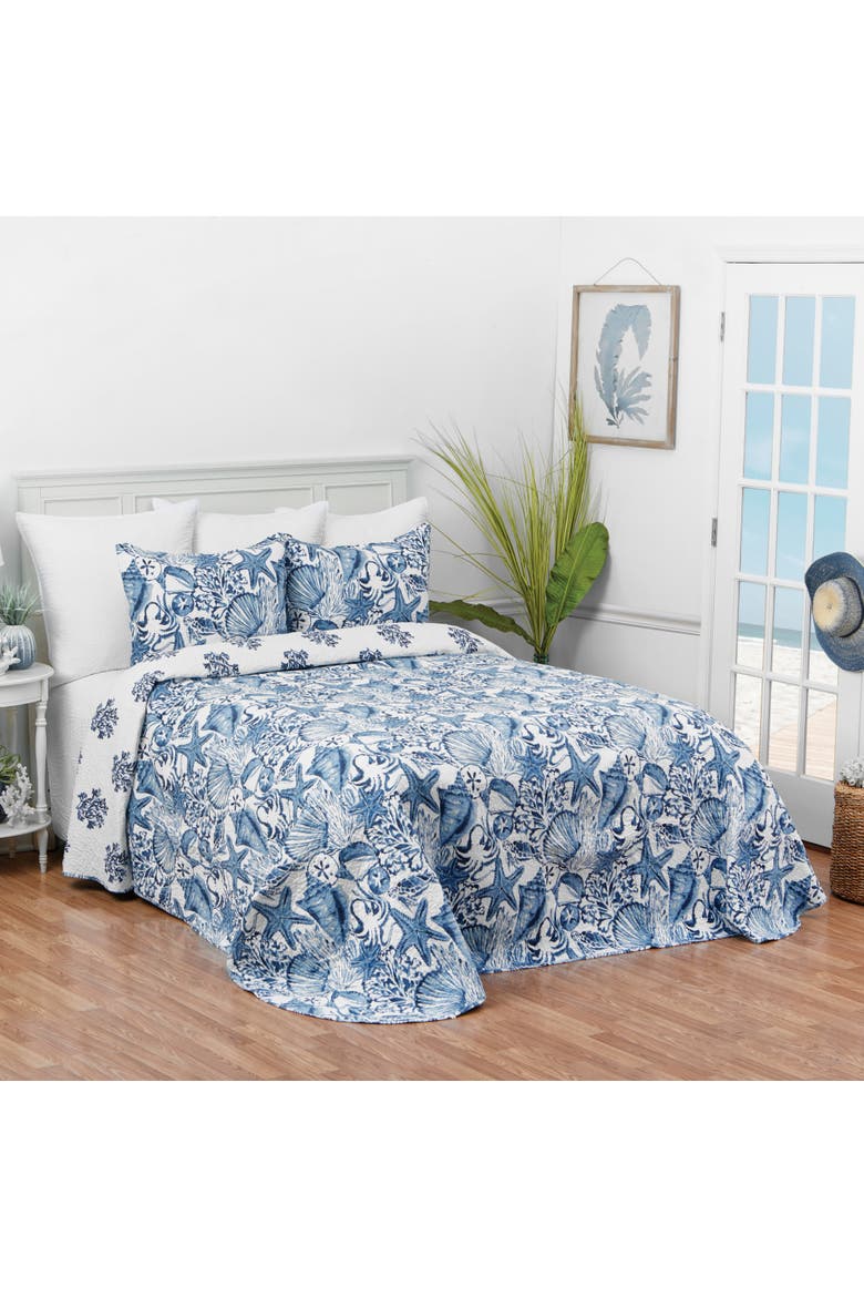Blue Coast Shells Queen Reversible Bedspread, Alternate, color, Blue