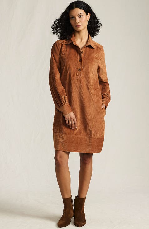 Wide Wale Cord Popover Long Sleeve Shirt Dress