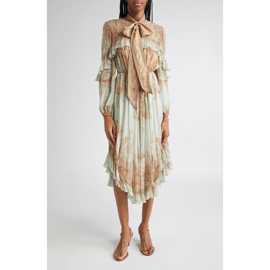 Zimmermann Memento Flutter Paisley Long Sleeve Midi Dress In Green
