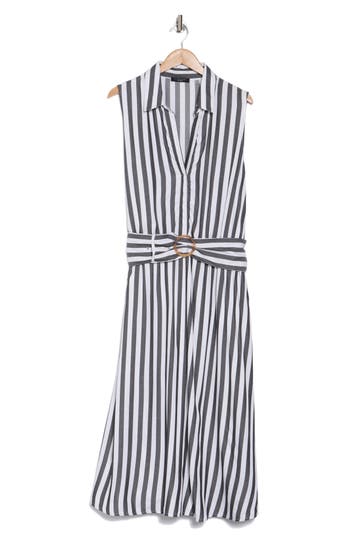T Tahari Stripe Belted Maxi Shirtdress In Black/white Stripe