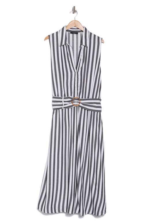 T Tahari Stripe Belted Maxi Shirtdress In Gray