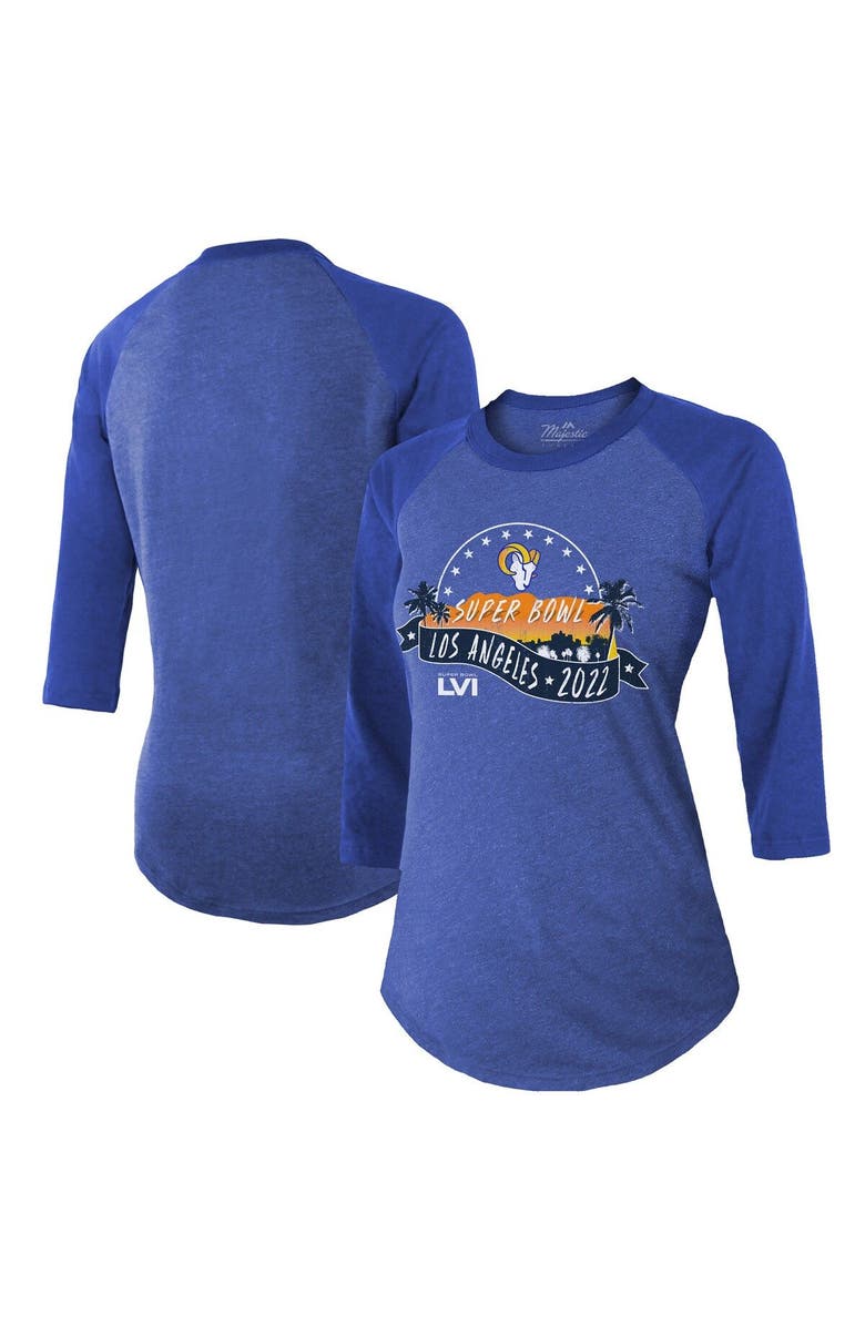Majestic Threads Women's Majestic Threads Heathered Royal Los Angeles Rams Super Bowl LVI Bound Hollywood Tri-Blend 3/4-Sleeve T-Shirt, Main, color, 