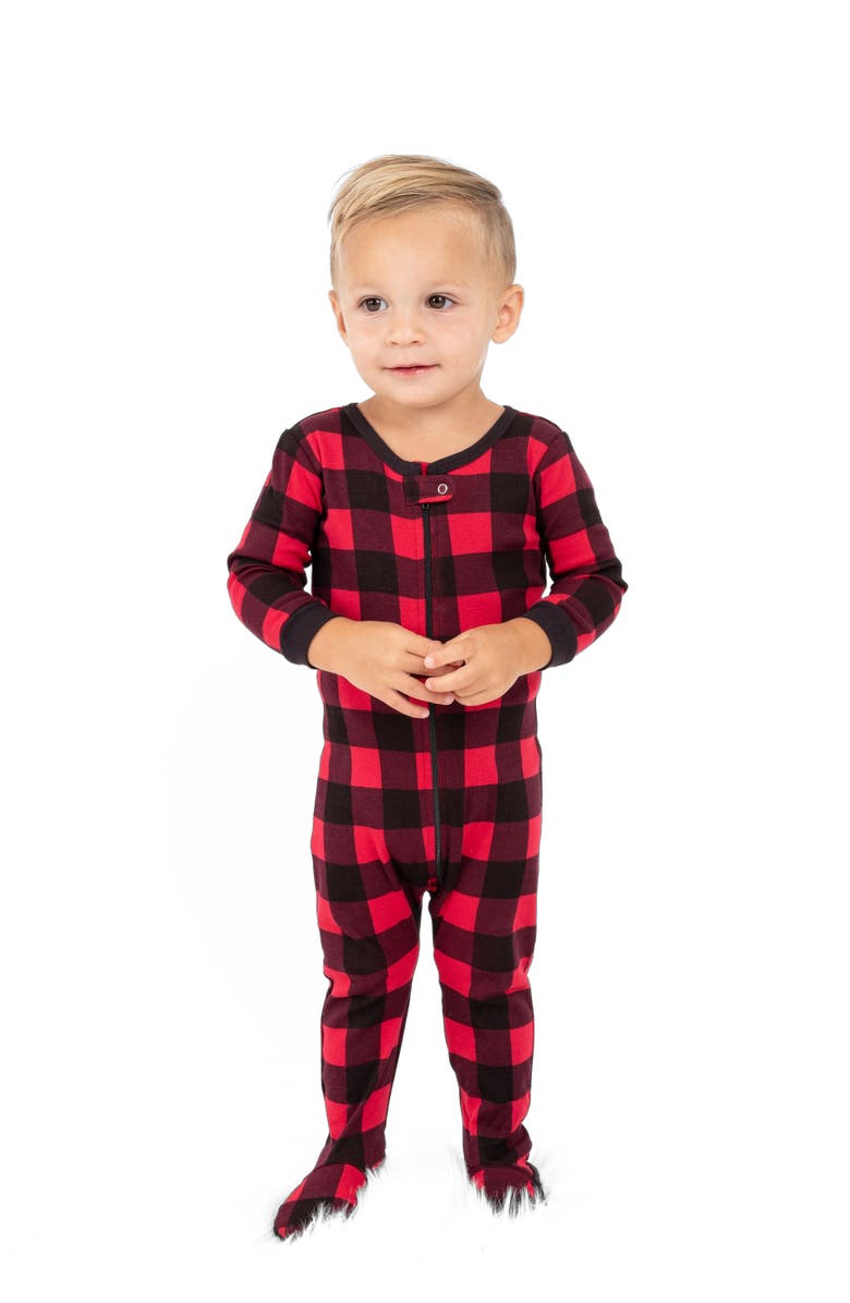 Leveret Footed Plaid Cotton Matching Family Holiday Pajamas, Main, color, Plaid Black & Red