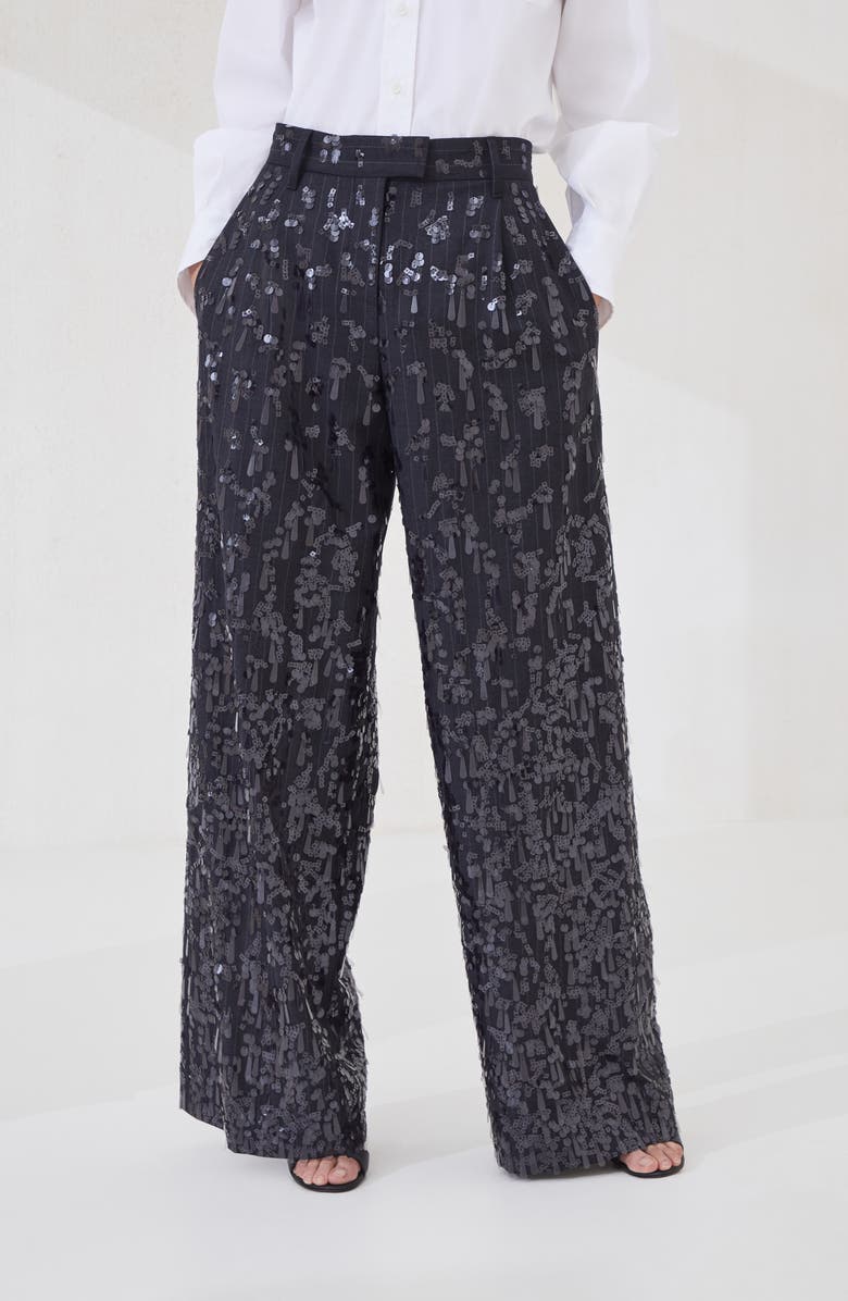 Brunello Cucinelli Loose trousers with swing drops embroidery, Alternate, color, Lignite Grey