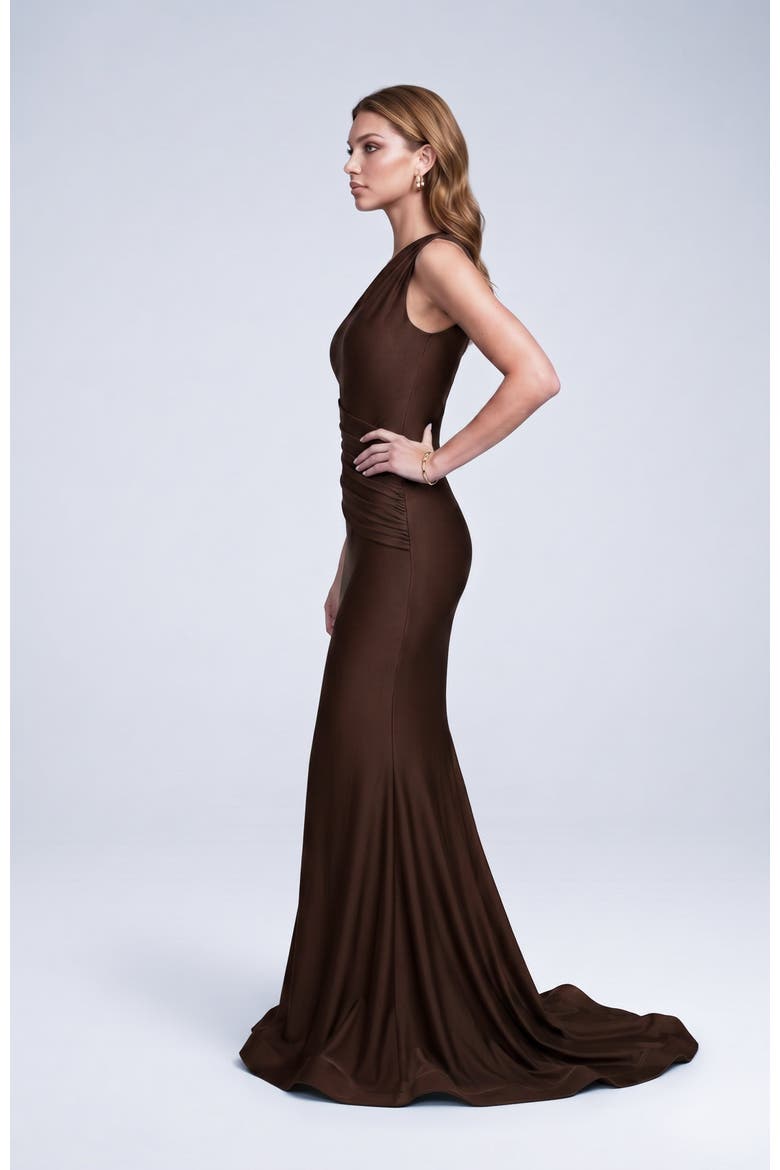One Shoulder Ruched Mermaid Evening Gown, Alternate, color, Brown