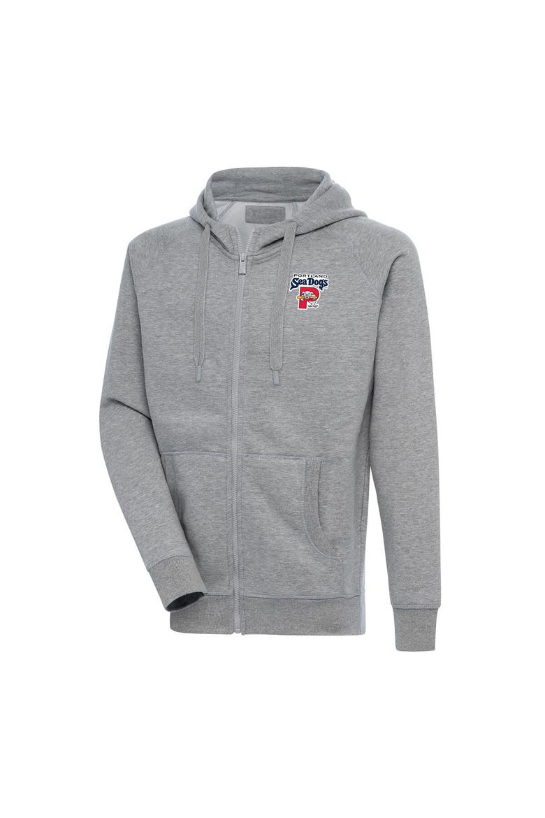 Men's Antigua  Heather Gray Portland Sea Dogs Victory Full-Zip Hoodie, Main, color, Heather Gray