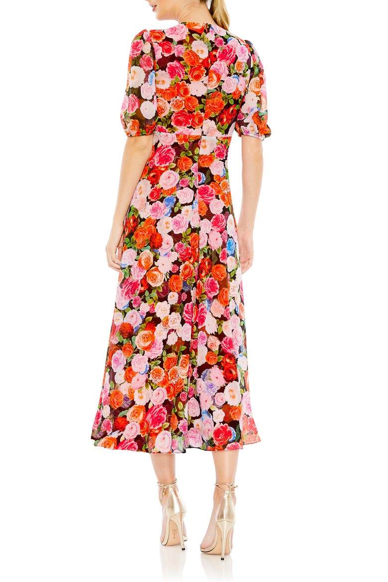 Floral Print Front Tie Puff Sleeve Flowy Midi Dress, Alternate, color, ROSE MULTI
