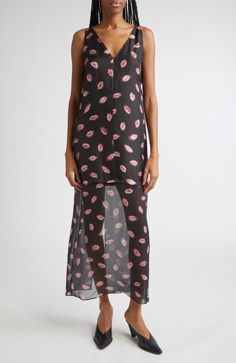 Altuzarra Katrin Lip Print Silk Chiffon Dress, Main, color, Black Kisses