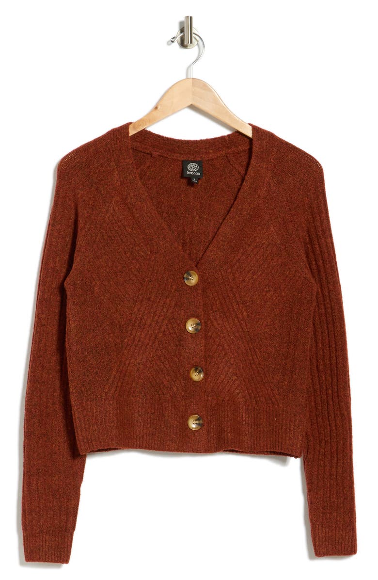 Bobeau V-Neck Button Front Crop Cardigan, Alternate, color, Brick