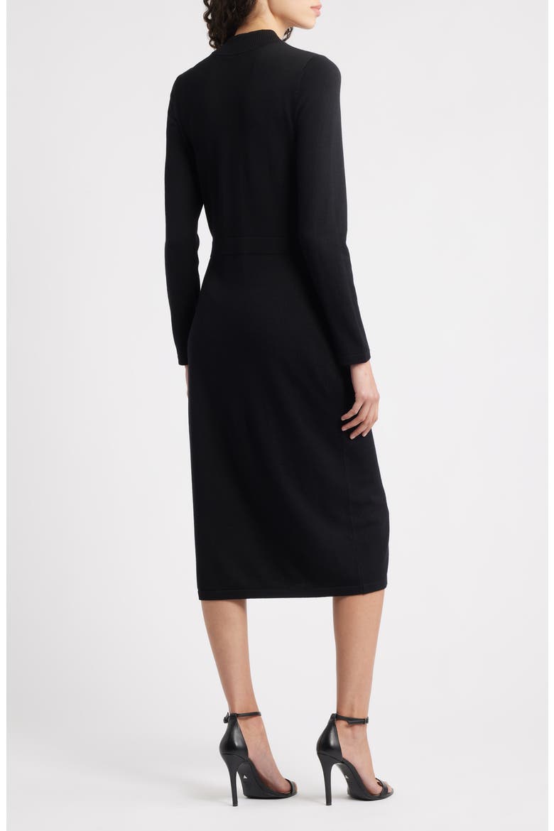 Button Mock Neck Long Sleeve Midi Dress, Alternate, color, BLACK